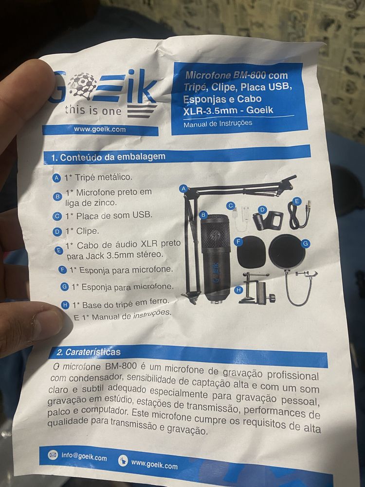 Microfone Goeik Bm-800 com Tripé, Suporte, Clipe, Placa USB, Esponjas