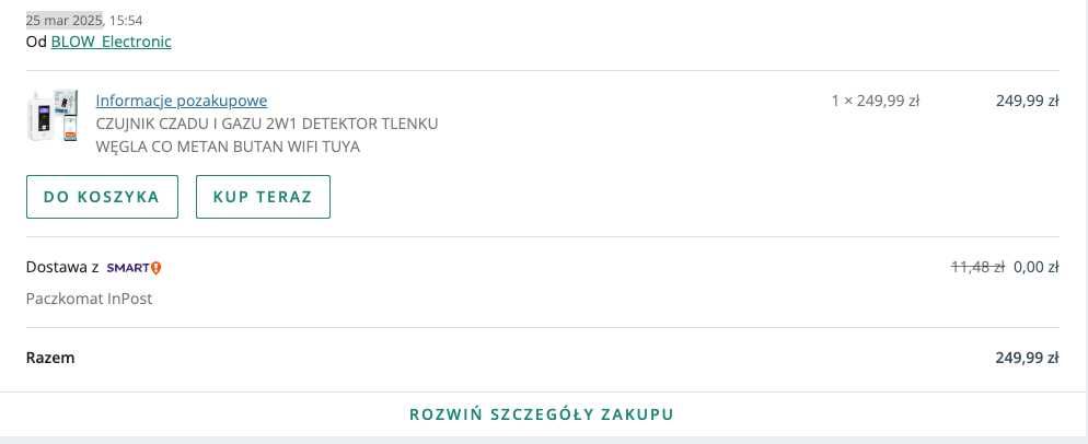 Czujnik czadu/gazu 2W1 detektor tlenku węgla CO metan butan WIFI TUYA