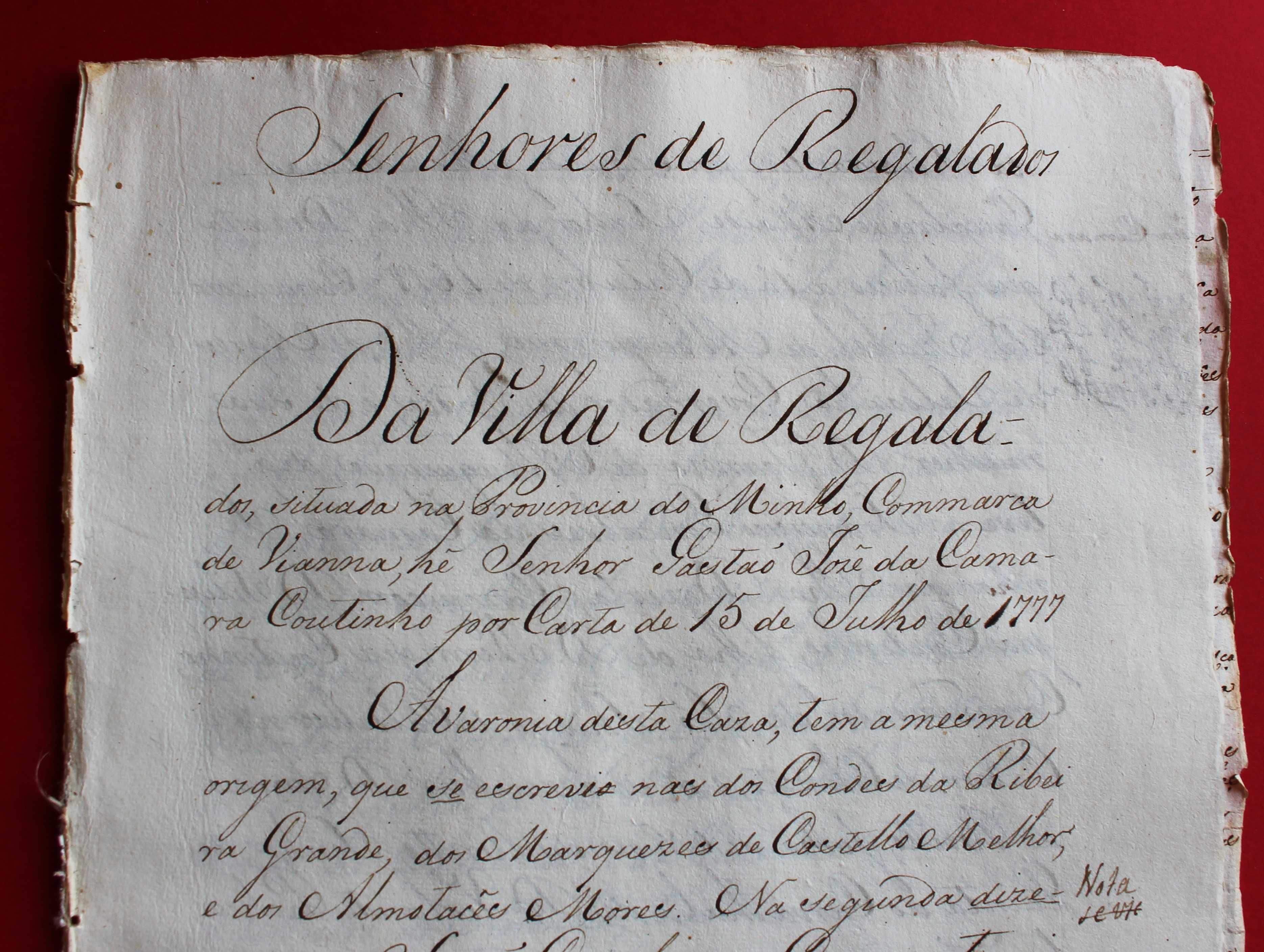Senhores de Regalados Viana Câmara Coutinho manuscrito séc XVIII