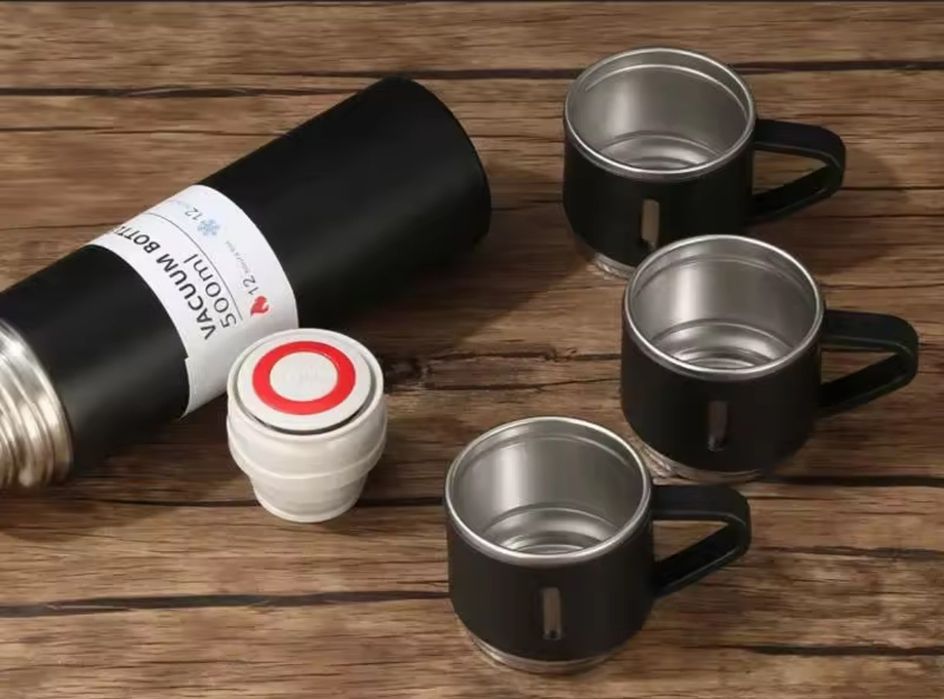 Термос з кнопкою, термос, набір, чашки, нержавіюча сталь, подарунок