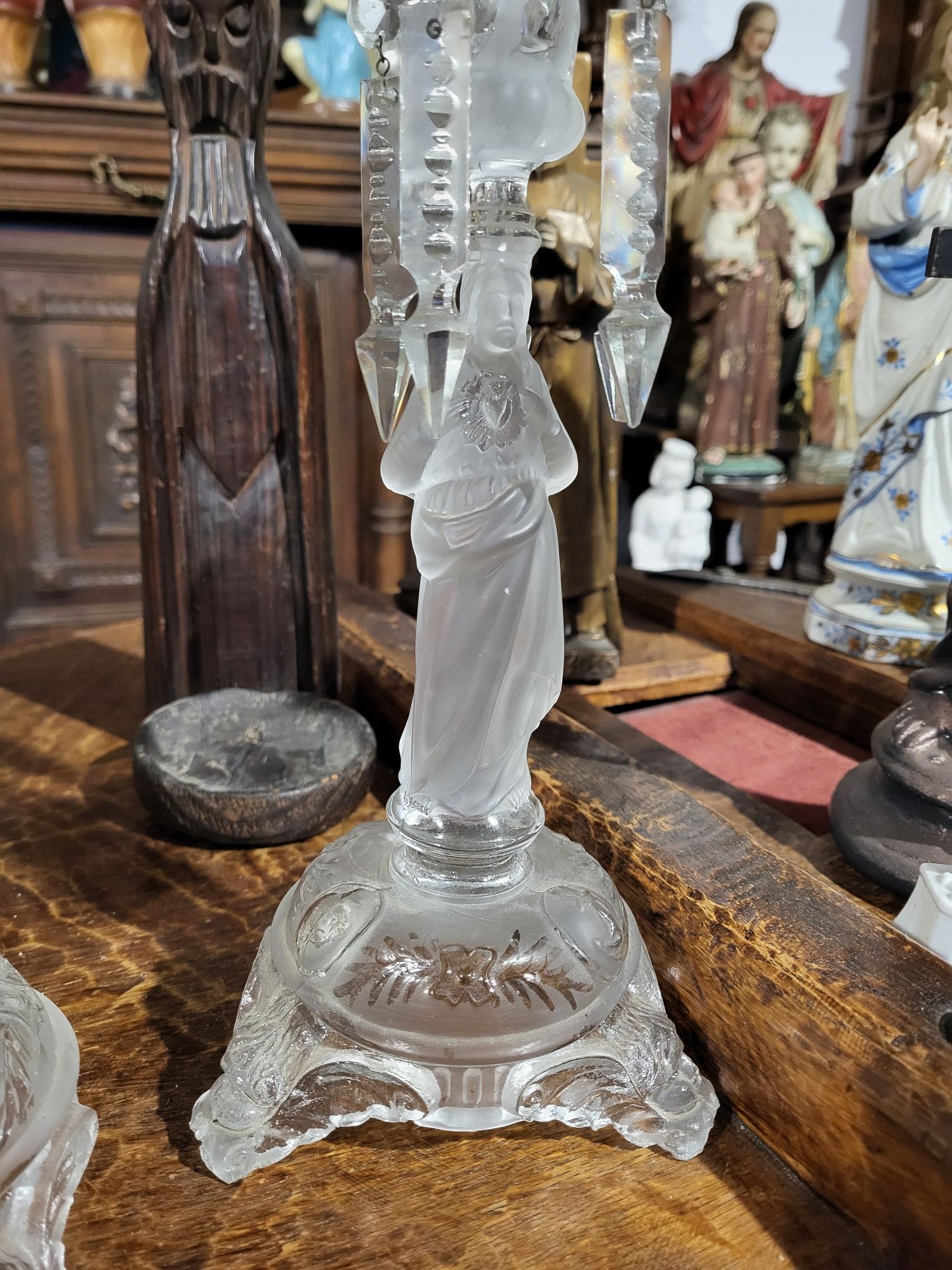 Dwa piękne figuralne szklane lichtarze świeczniki Jezus I Maryja