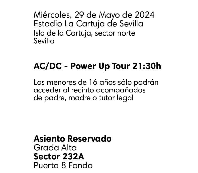 Bilhetes para concerto dos ACDC em Sevillha dia 29/05