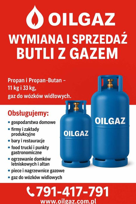 Gaz propan, propan-butan w butlach 11 kg, 33 kg