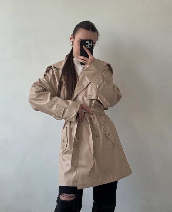Плащ Тренч бежевий з екошкіри Л-ХЛ L-XL