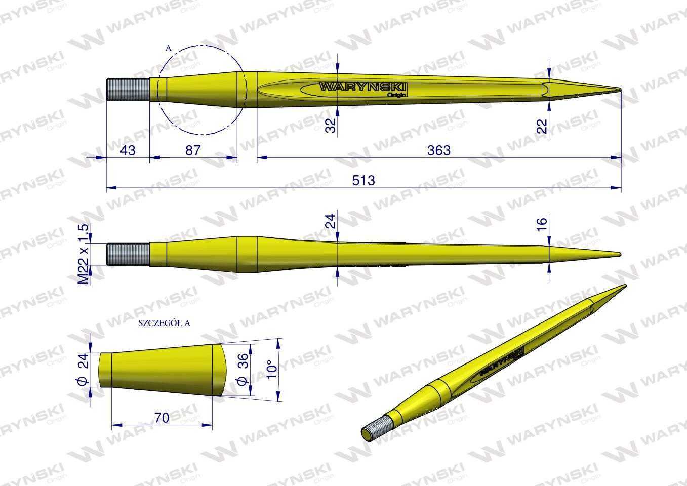 Ząb prosty krótki 510mm + tuleja WARYŃSKI zestaw