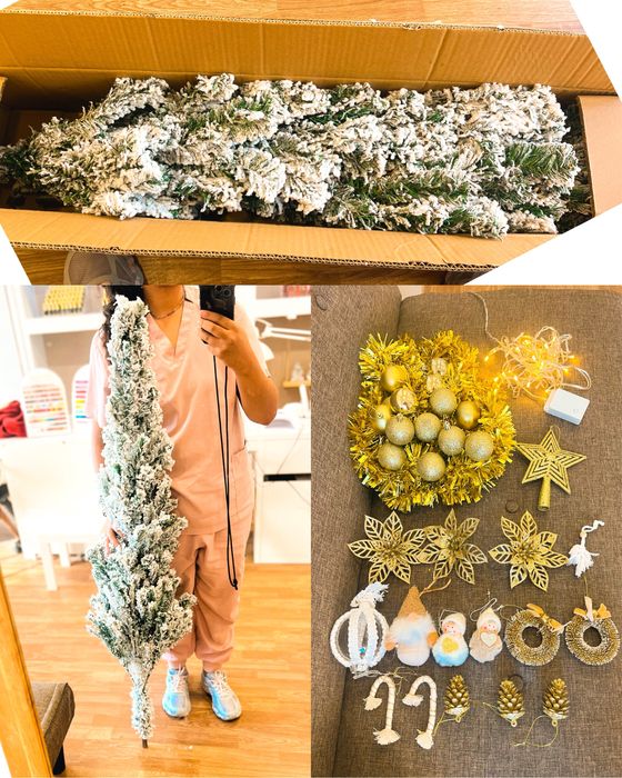 Arvore natal com neve 150cm + decoracao dourada