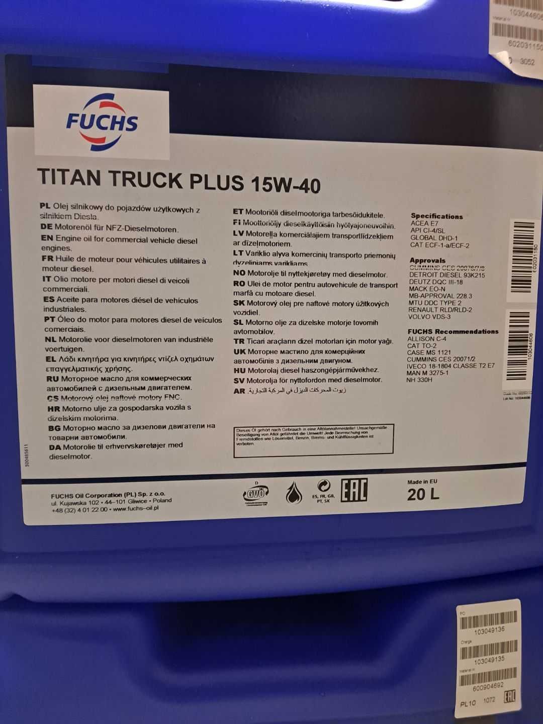 olej FUCHS truck plus 15w40 20L. + FILTR
