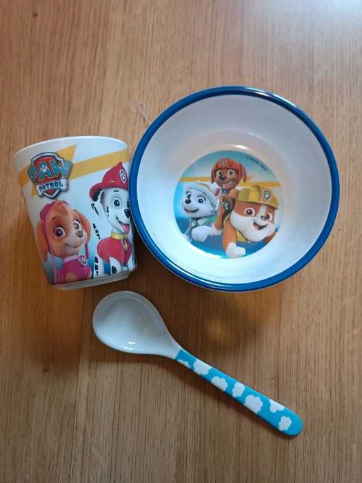 Conjunto copo, taça e colher em melamina da Patrulha Pata - NOVO