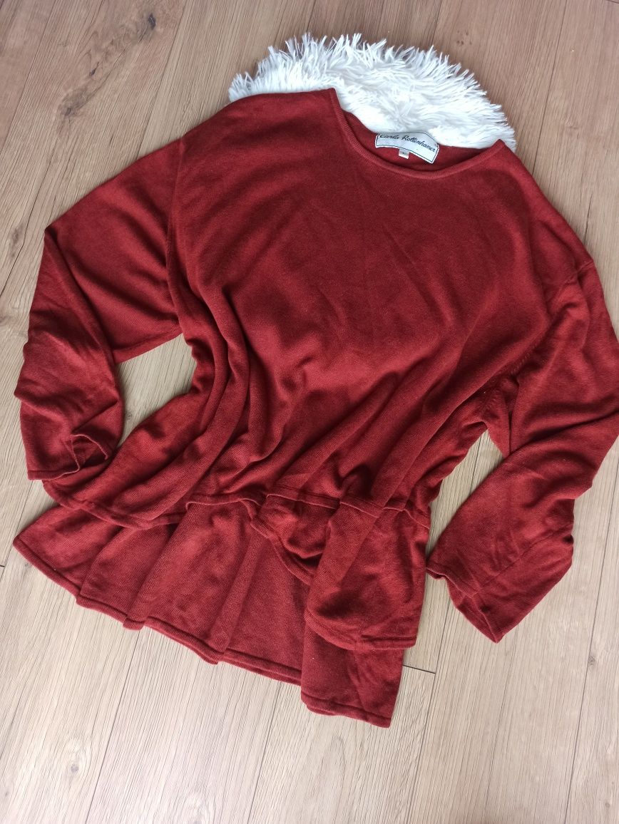 Czerwony rudy sweter okrągły dekolt Carla Rottenheimer L/40 rayon len