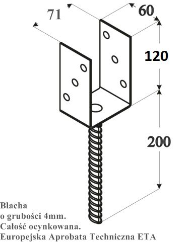 Podstawa słupa do wmurowania kotwa U 70mm grubość 4mm