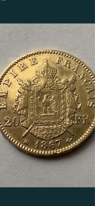 Продам золотую монету 20 франков Наполенон, 1867 г.
