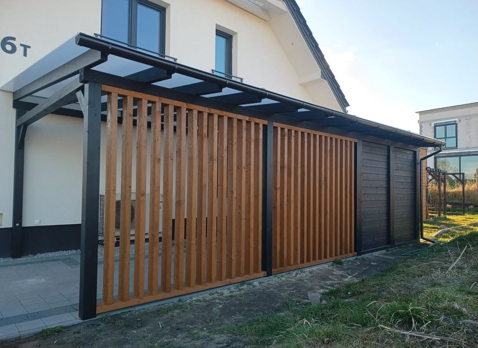 Pergola drewniana • taras • poliwęglan lub gont • pełne deskowanie