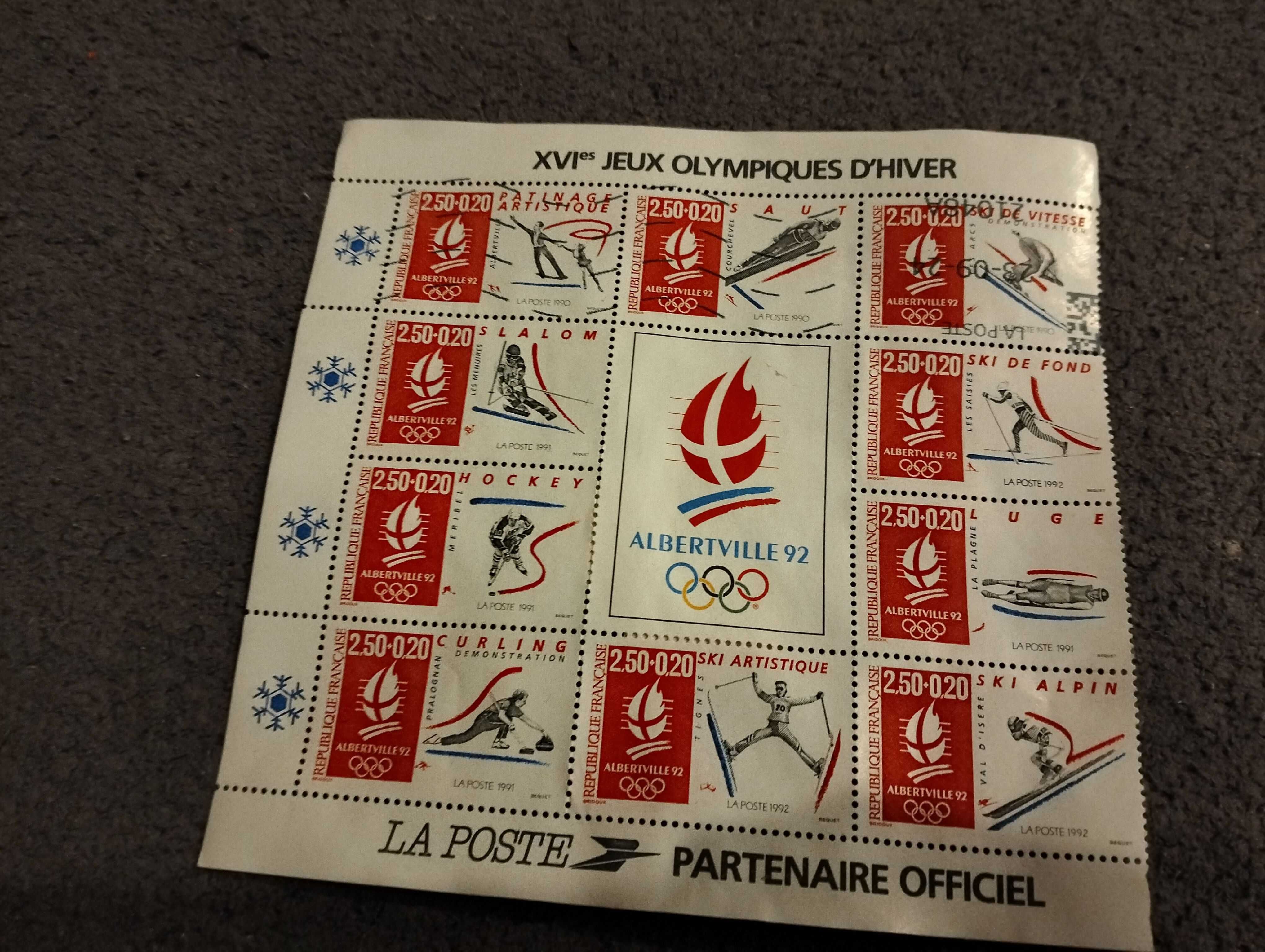 Blok pocztowy, Olimpiada ALBERTVILLE 1992, znaczki, Francja