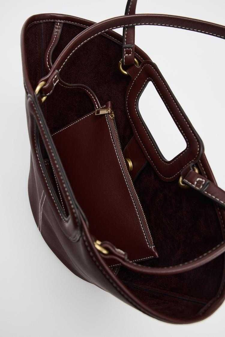 Torebka ZARA bordowa 6254/510 mała TORBA SHOPPER Z PRZESZYCIAMI wow