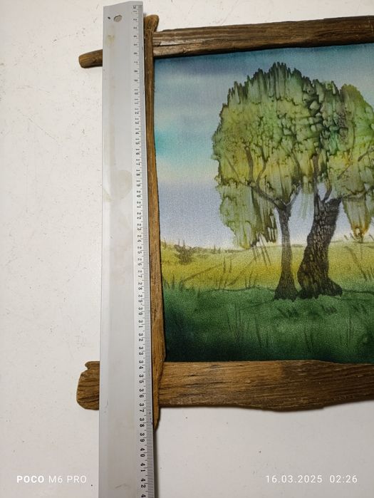 Obraz drzewo malowany na jedwabiu w drewnianej naturalnej ramie 36x39
