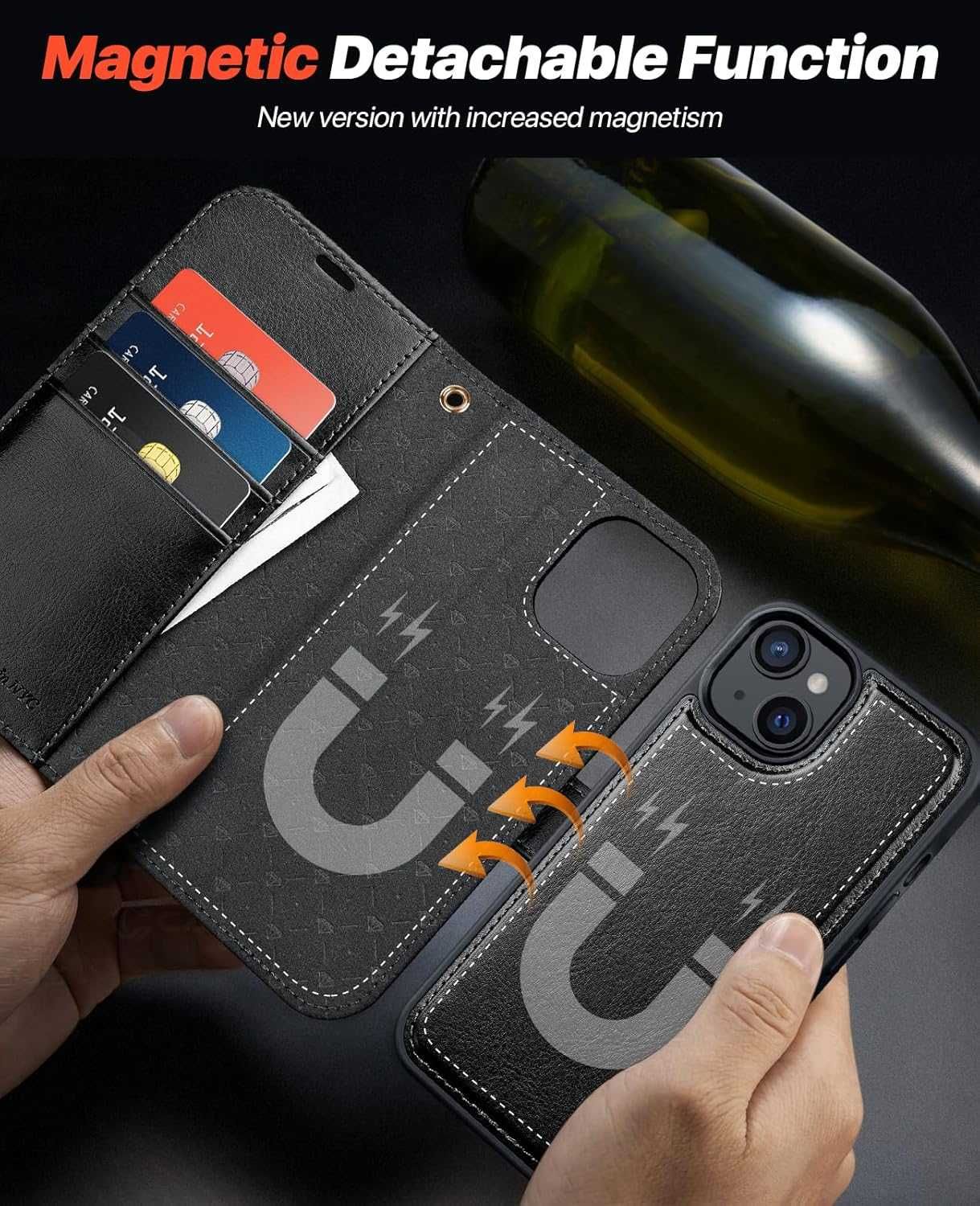 Ocase etui skórzane iPhone 15 PLUS stojak magsafe czarne portfel 2w1