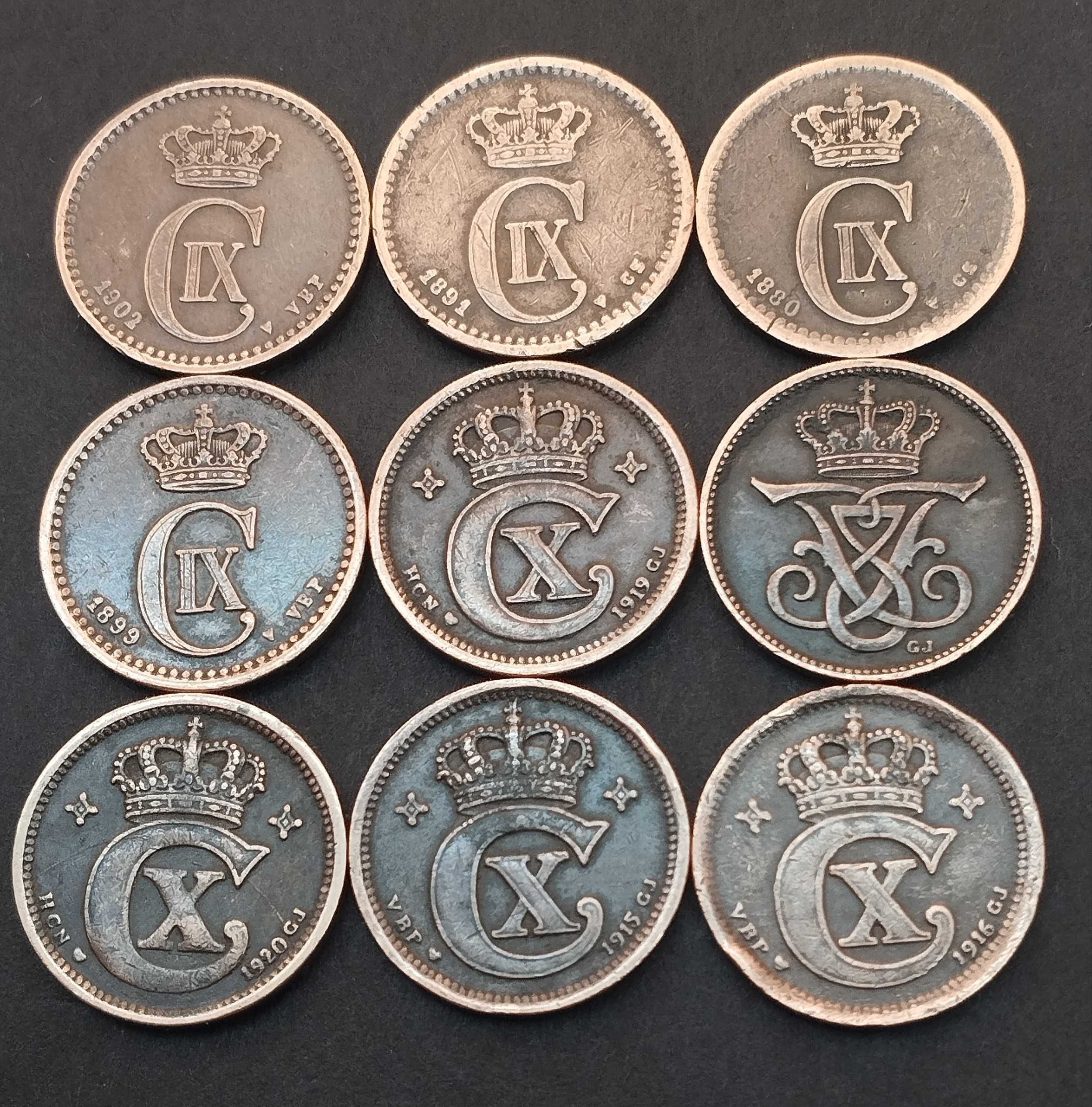 Монети Данії 1 ере 1880 - 1920 рік 9шт.