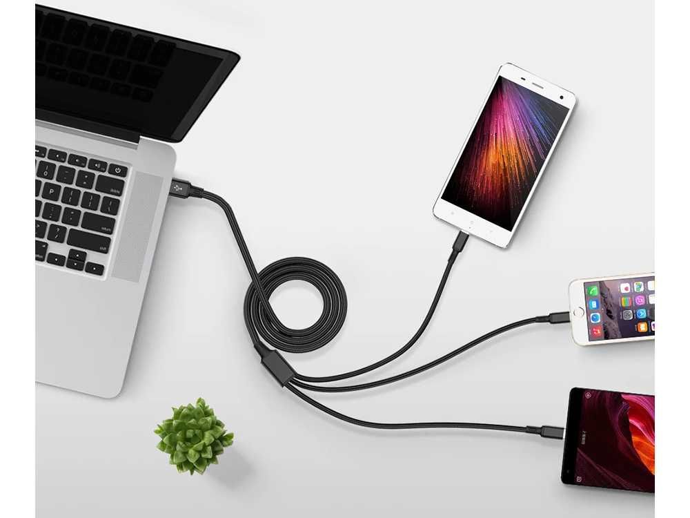 Kabel USB 3w1 do telefonu lightning micro usb typ c 1,2m srebrny