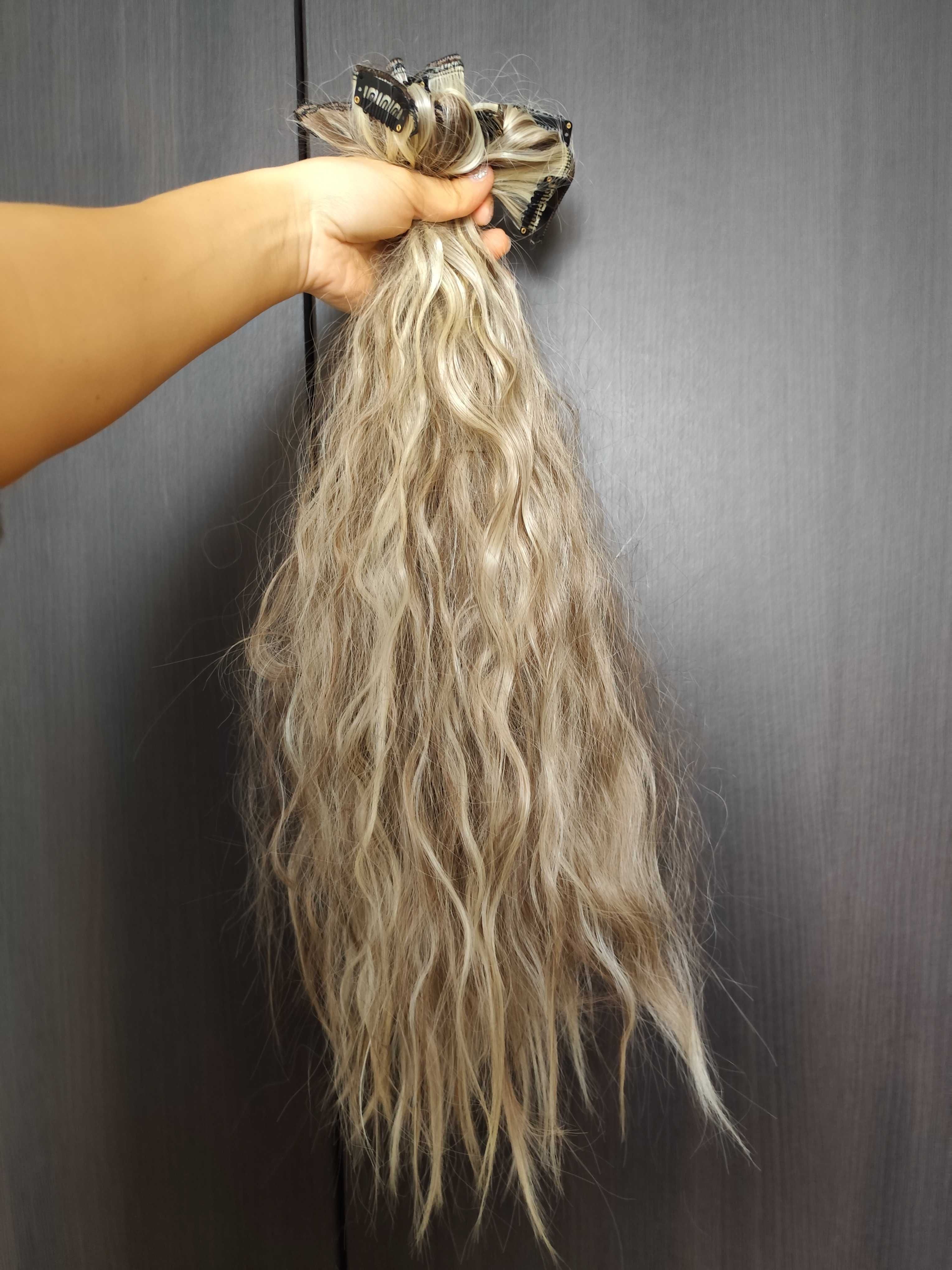 Włosy syntetyczne taśmy 150 g zestaw pasemka blond brąz falowane