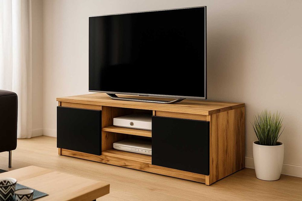 Nowa Szafka RTV Komoda 120x38x35,5 Półka Dąb Wotan/Czarny Grafit