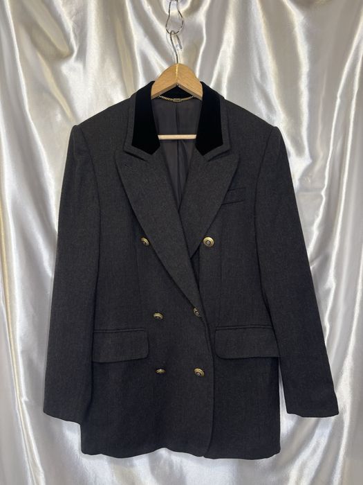 Vintage wełniana marynarka dwurzędowa szara żakiet ze złotymi guzikami