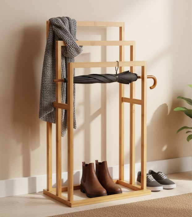 Stojak wieszak łazienkowy regał drewniany bambus półka na reczniki