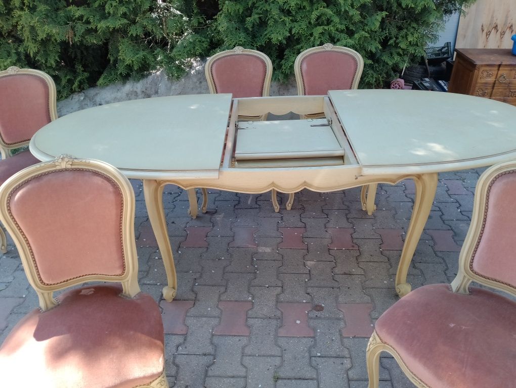 Piękny stylowy stół rozkładany +6 krzeseł ecru  ludwik dębowy