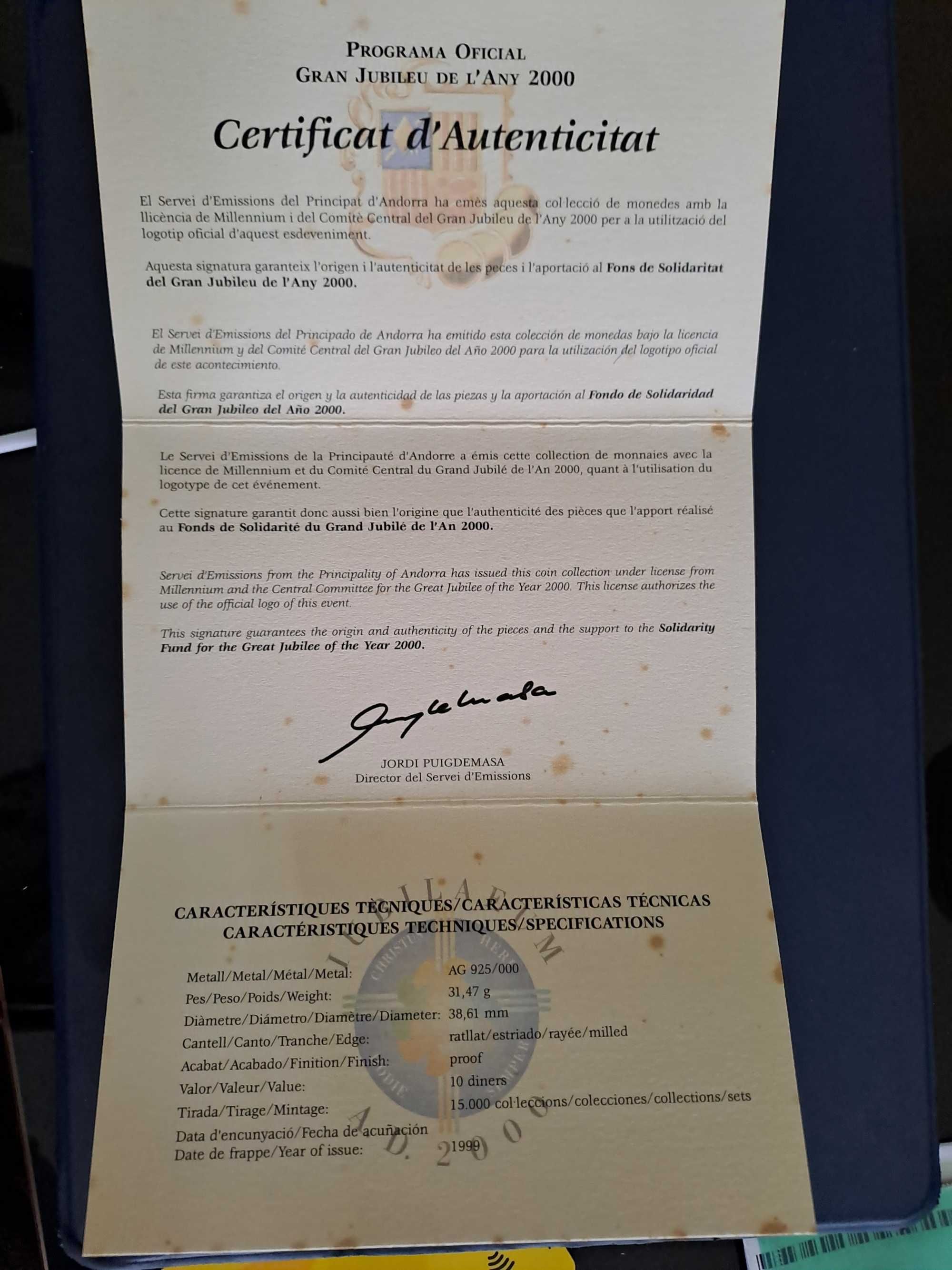 Andorra, coleção completa de 8 moedas 10 Diners 1999 "Jubileu 2000"