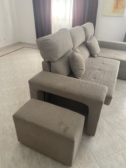 Sofá de 3 lugares com Chaise Long Reversível e Recosto Inclinável Bege