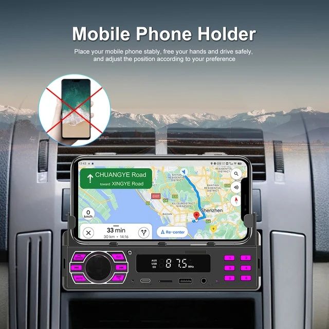 Rádio 1din MP3 Bluetooth FM SD AUX FM com base para telemóvel NOVO