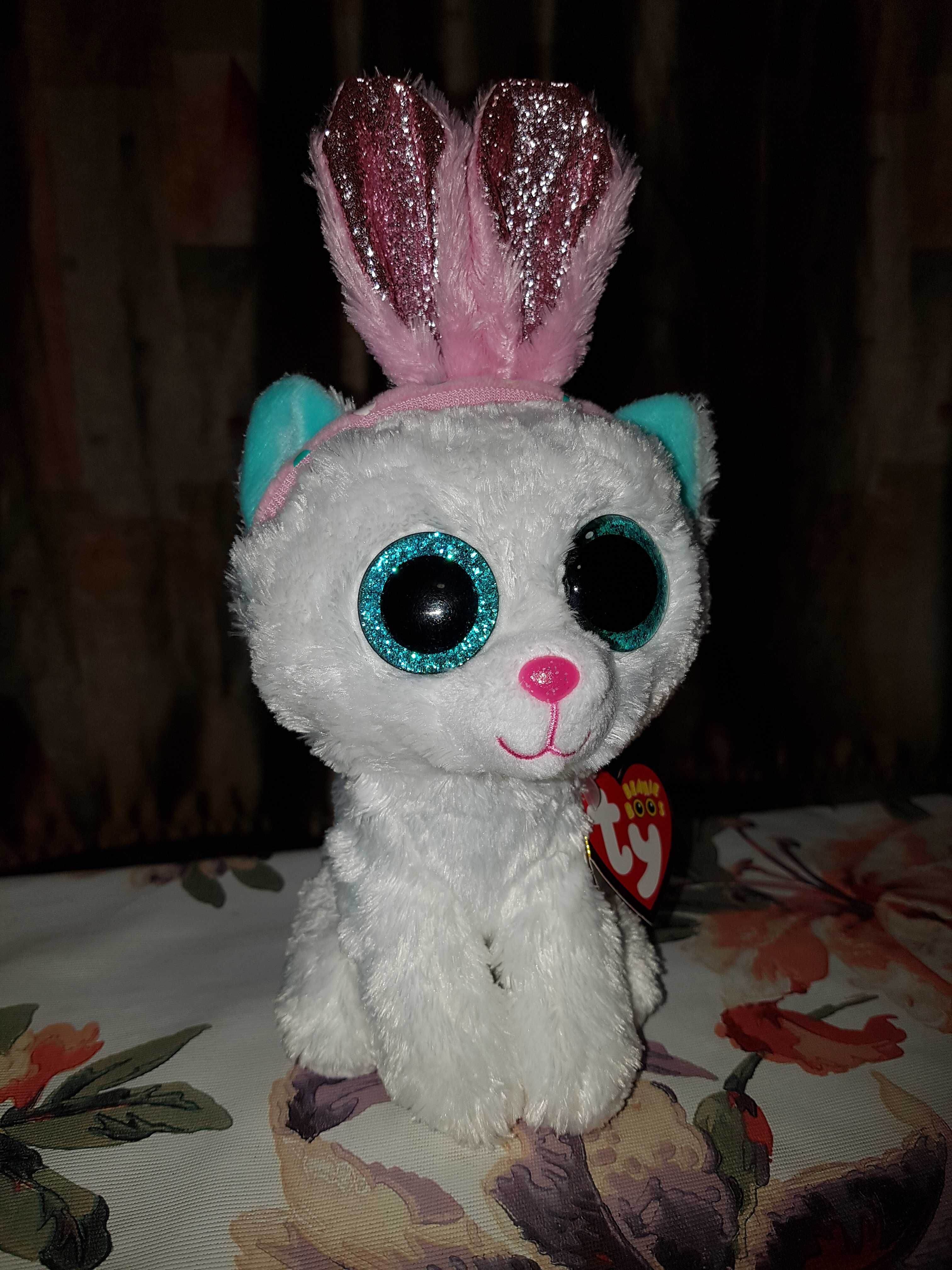 Ty Beanie Boos глазастик белый котик с ушками PIXI, кошка 15-20 см