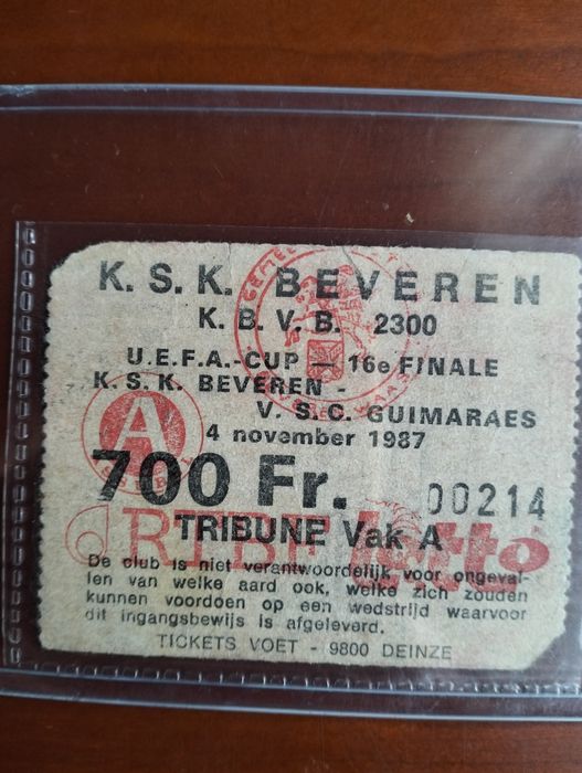 Antigo bilhete Beveren x Vitória de Guimarães (1987)