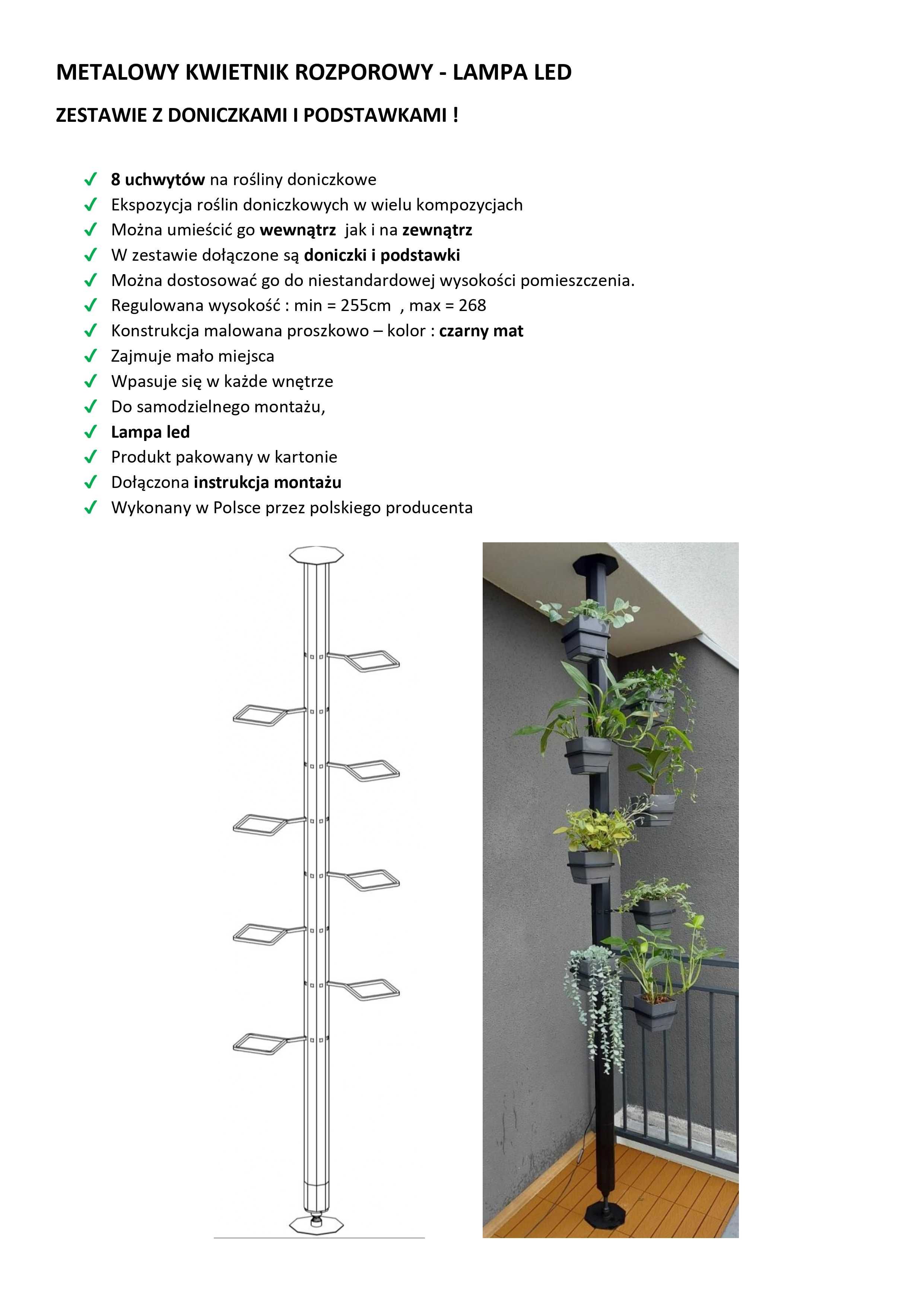 Metalowy kwietnik rozporowy - lampa led