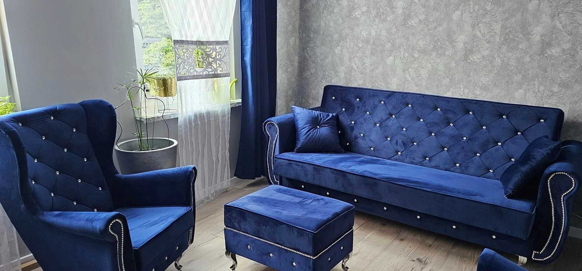 sofa zfunkcją spania kanapa uszak Glamour pik kryształami fotel zestaw