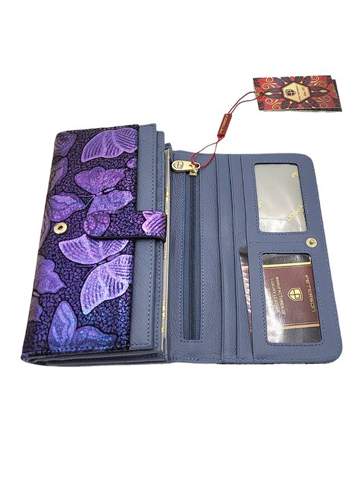 Duży portfel damski skórzany niebieskie motyle