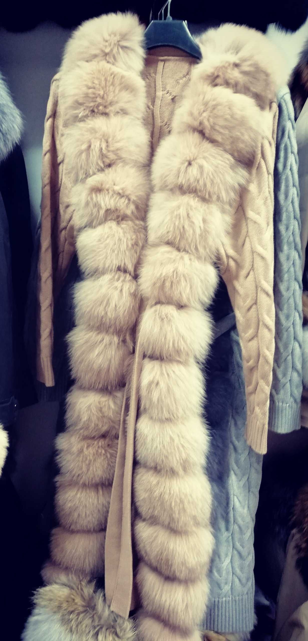 Sweter długi z futrem lis naturalny futro Płaszcz  lisy kardigan