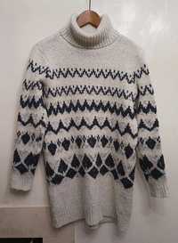 Długi sweter z golfem Next S M wzory norweskie oversize