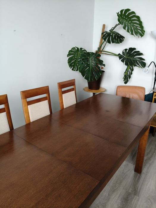 Klasyczny drewniany stół w ciepłym odcieniu z 6 krzesłami