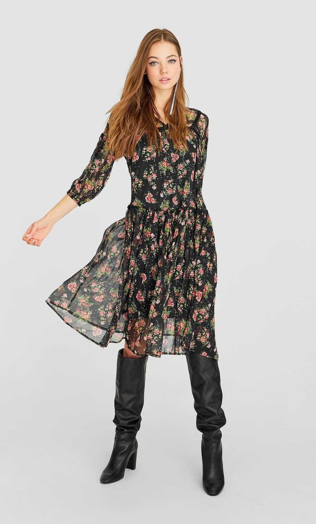 Vestido midi floral transparente STRADIVARIUS - Tam. S