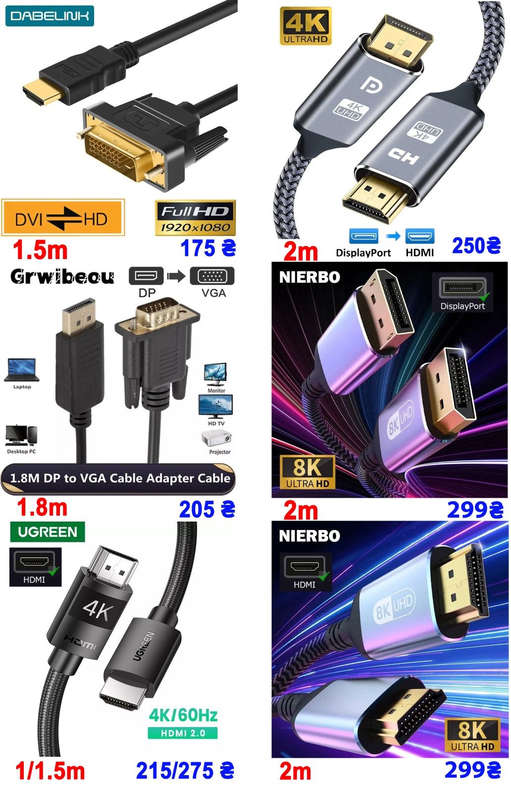 Переходник DP to HDMI, mini DP to Hdmi, Hdmi - Hdmi, DP to DVI
