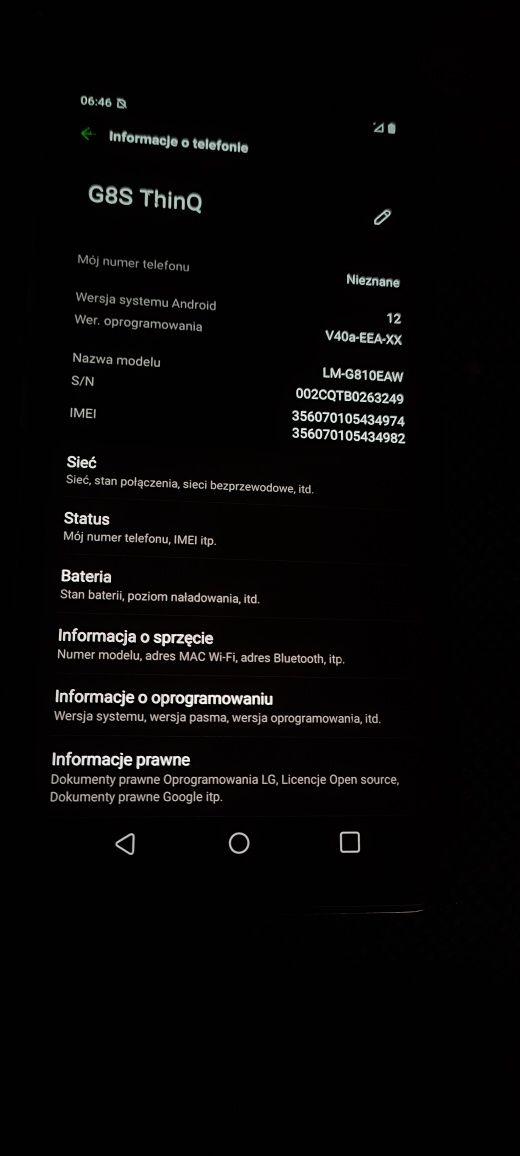 LG G8s 6/128gb android 12 bez blokad pęknięty tył i przód NFC indukcja