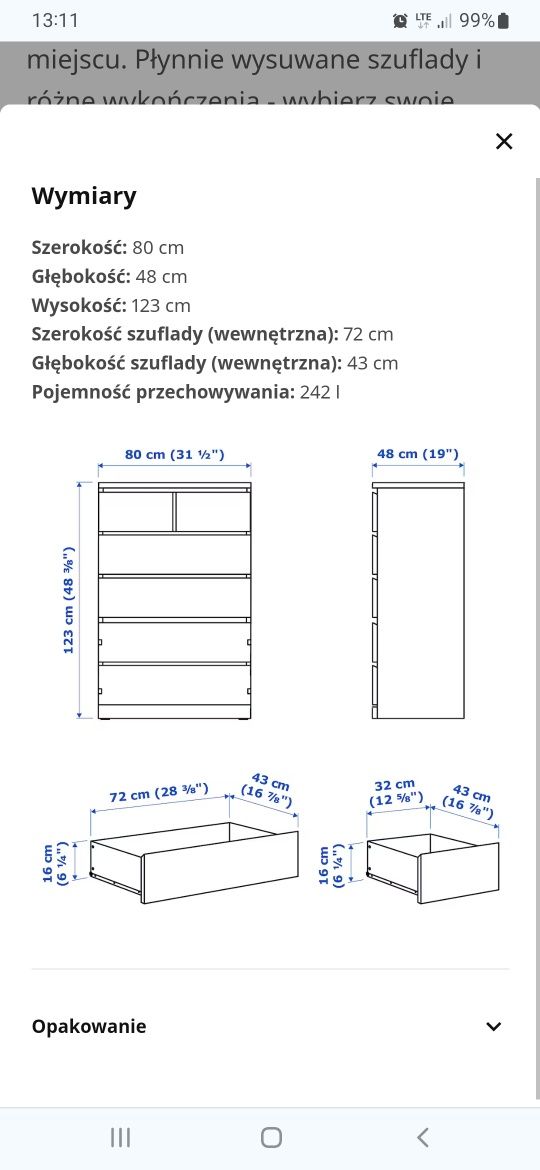 Komoda Malm, 6 szuflad, okleina dębowa, stan idealny