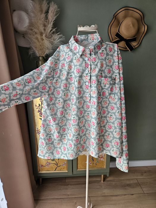 Oversize Koszula damska plus size XXL Mięta Kwiaty Róże Romantyczna Dł