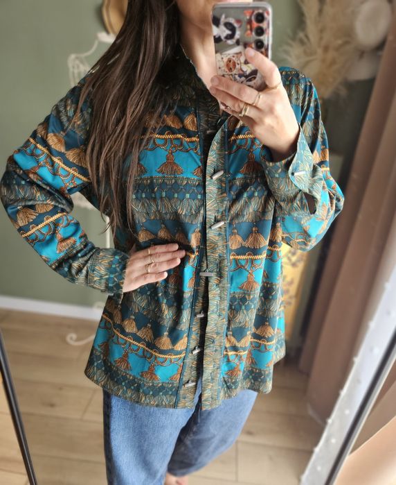 Koszula Damska Vintage XL Orientalny Wzór Turkus Frędzle