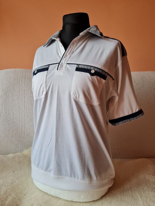 Koszulka polo biała granatowa zapiana na guziki męska