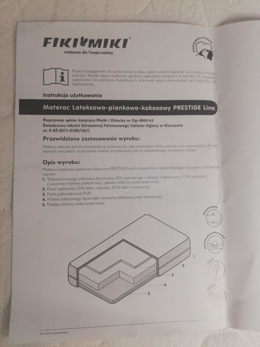 Materac lateksowo-puankowo-kokosowy prestige Line Fiki Miki