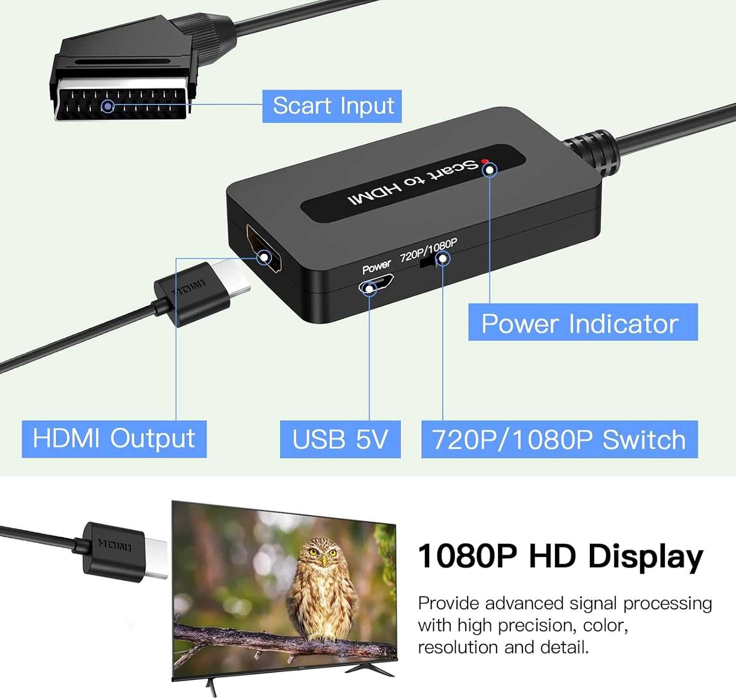 Konwerter adapter kabli Scart na HDMI 1080p 720p 492