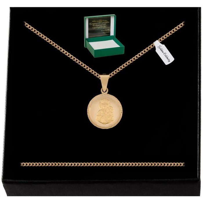 Złoty Łańcuszek + Medalik Matka Boska Częstochowska 925/585/14k + Dedy