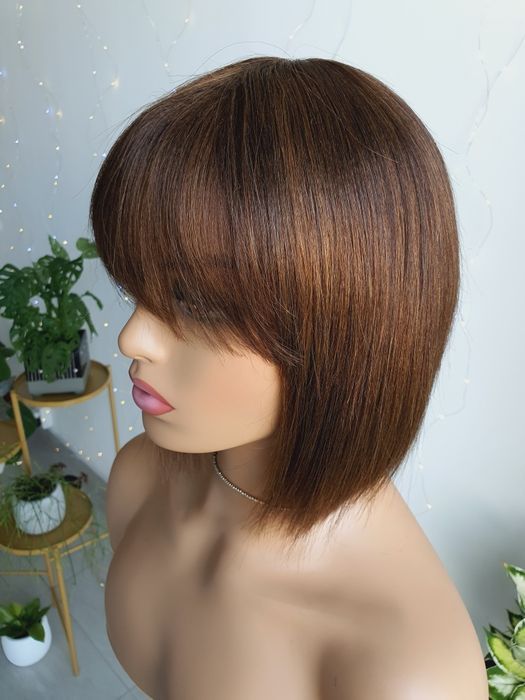 Peruka z włosów naturalnych w 100% bob z grzywka mix brąz Erin