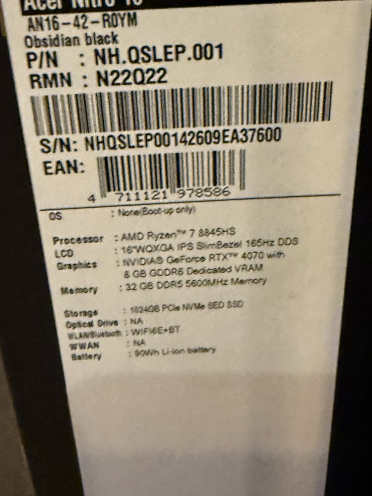 Acer Nitro 16 RTX 4070 / Ryzen 7 8845HS / 32 GB DDR5 / 1TB SSD / 165 h